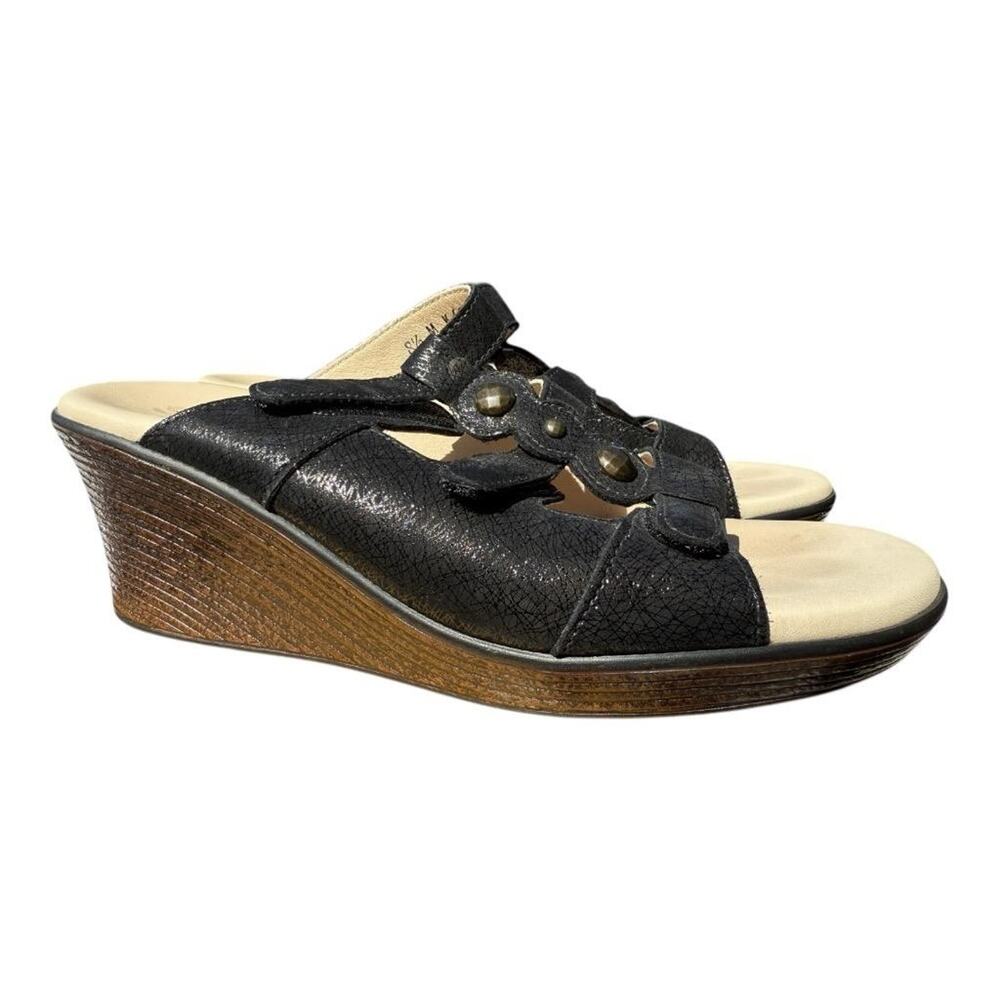SAS Shoes Ginger Leather Wedge Sandal Black Sparkle Women size 8.5 M